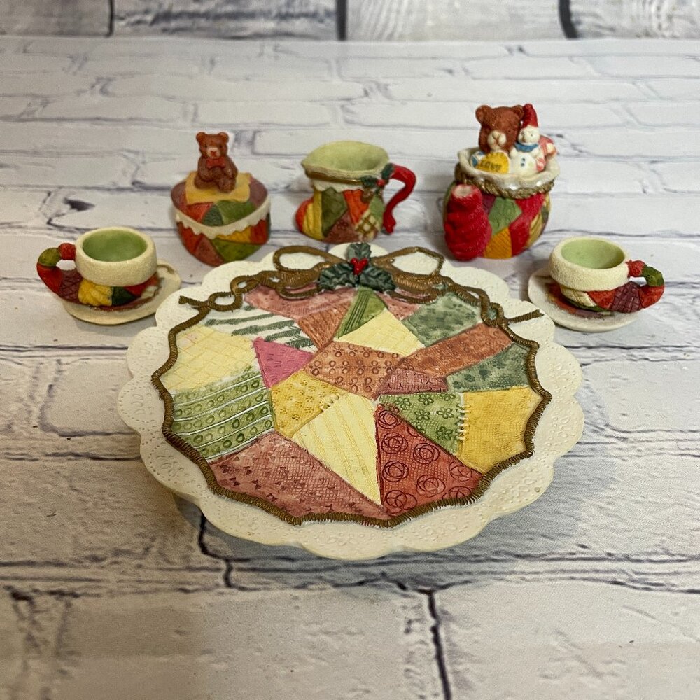 Vintage 90's Resin Minatare Tea Set Holiday Quilt Patchwork